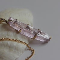 Raw, Unpolished Lilac Pink Kunzite and 9k Solid Gold Pendant on 14k Gold Filled Chain