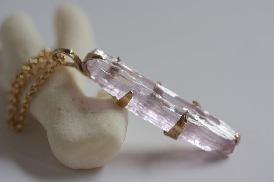 Raw, Unpolished Lilac Pink Kunzite and 9k Solid Gold Pendant on 14k Gold Filled Chain