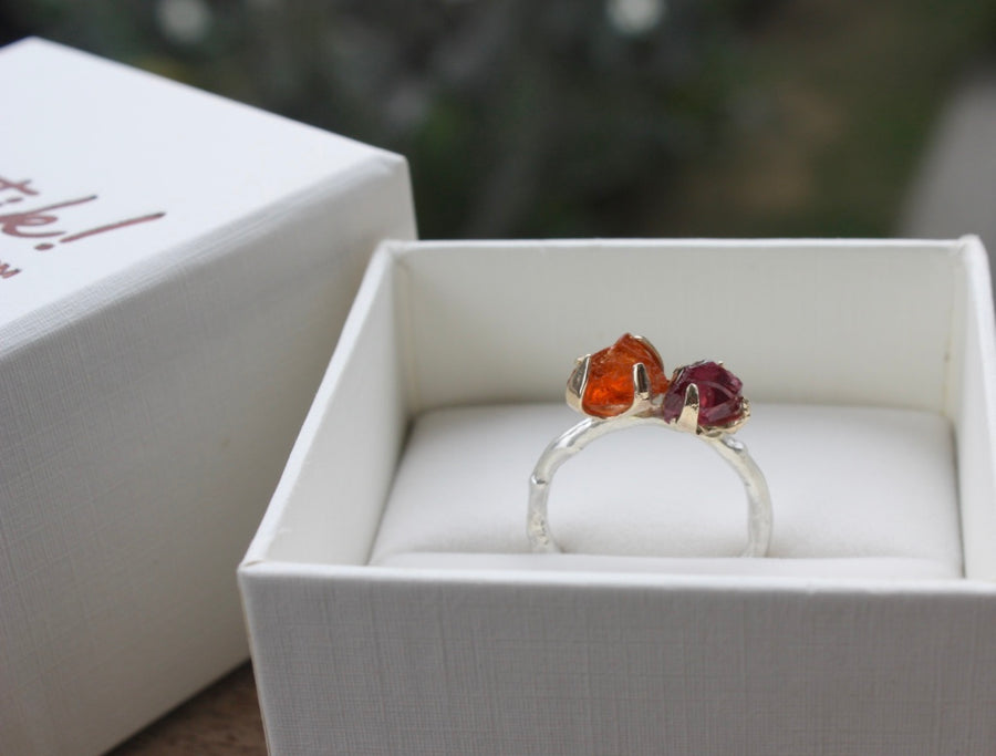 Rhodolite Garnet and Mandarin Spessartite Garnet Twig Ring, Rough Uncut Gemstones, 9k Gold and Sterling Silver