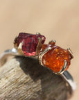 Rhodolite Garnet and Mandarin Spessartite Garnet Twig Ring, Rough Uncut Gemstones, 9k Gold and Sterling Silver