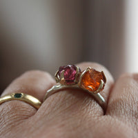 Rhodolite Garnet and Mandarin Spessartite Garnet Twig Ring, Rough Uncut Gemstones, 9k Gold and Sterling Silver