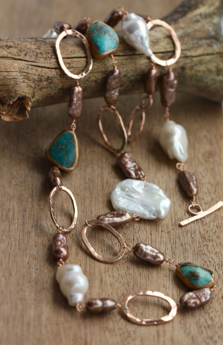 Long 14k Rose Gold Filled Necklace with Chocolate Brown Biwa Pearls, Keshi Pearls, Baroque Pearls and Turquoise