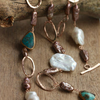 Long 14k Rose Gold Filled Necklace with Chocolate Brown Biwa Pearls, Keshi Pearls, Baroque Pearls and Turquoise