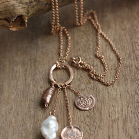 Long 14k Rose Gold Filled Chain Necklace with Charm and Pearl Tassel