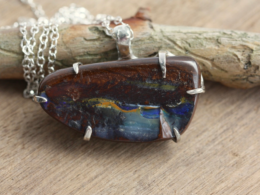 Pendant of Australian Boulder Opal in Matrix and 92.5 Sterling Silver