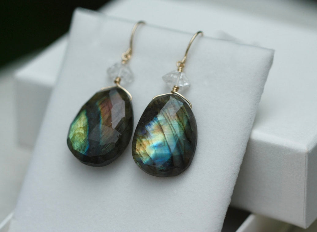 Large Labradorite and Herkimer Diamond Earrings