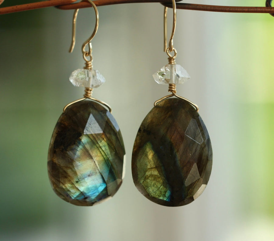 Large Labradorite and Herkimer Diamond Earrings