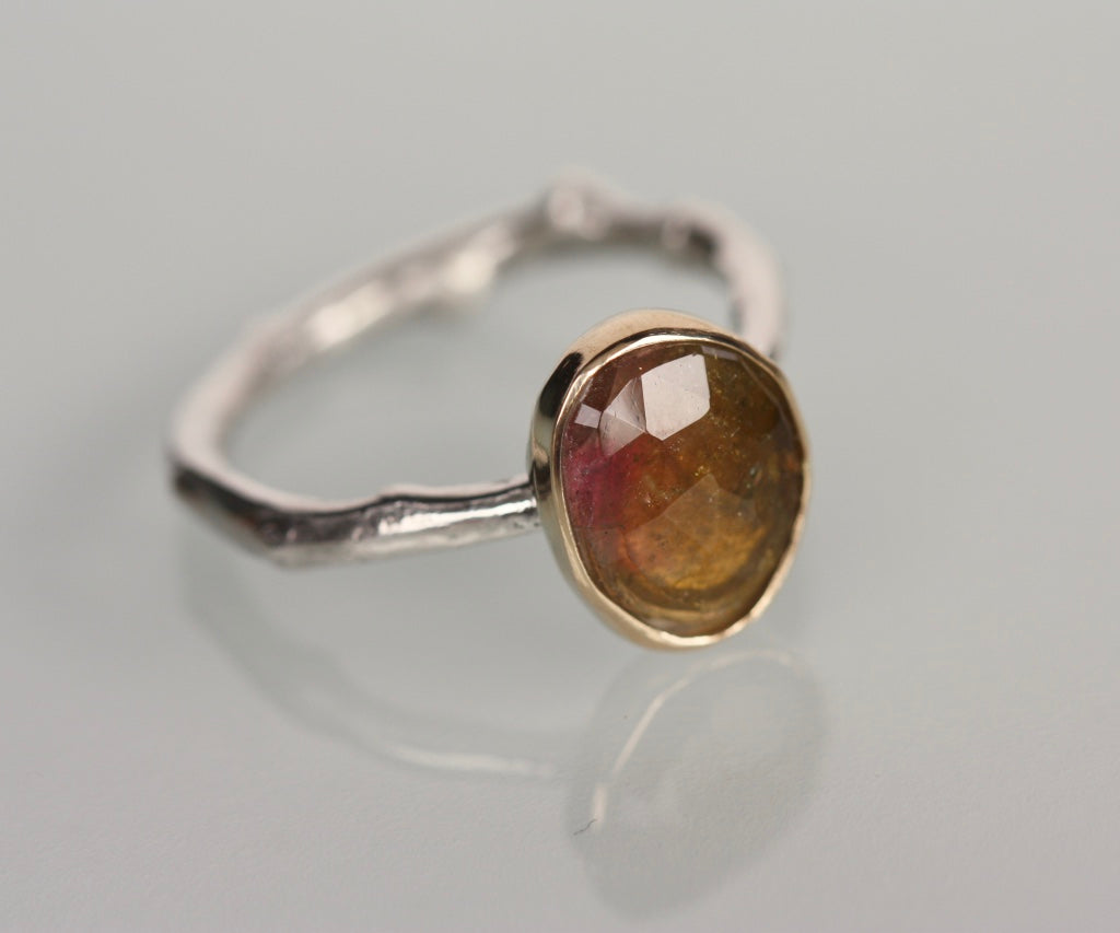 Watermelon Tourmaline Twig Ring, October Birthstone Ring