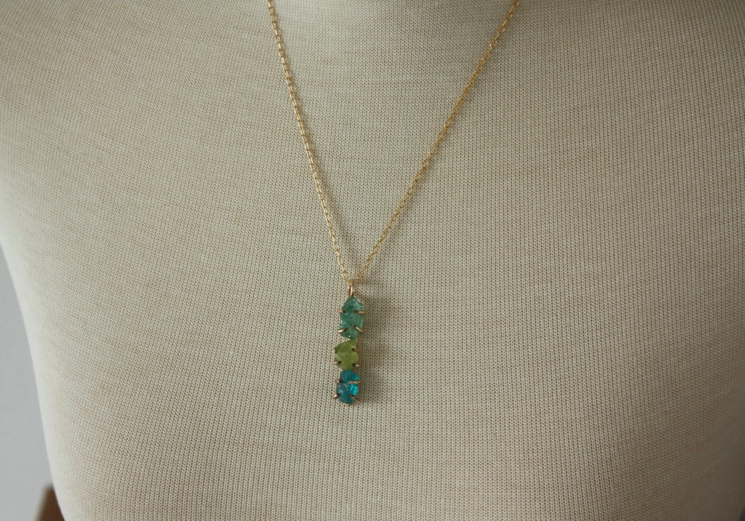 Raw Peridot and Blue and Green Apatite Pendant Necklace, August Birthstone Necklace