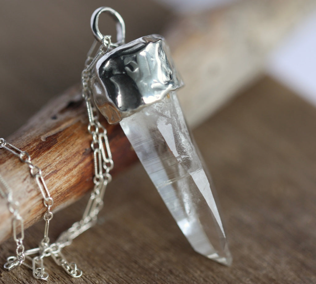 Raw Colombian Rock Crystal And Sterling Silver Pendant, Sterling Silver Chain