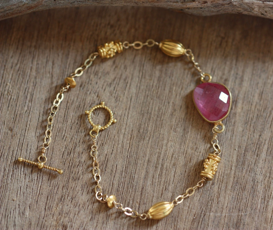 Rose Cut Hot Pink Sapphire Bracelet, 14k Gold Filled / Gold Vermeil