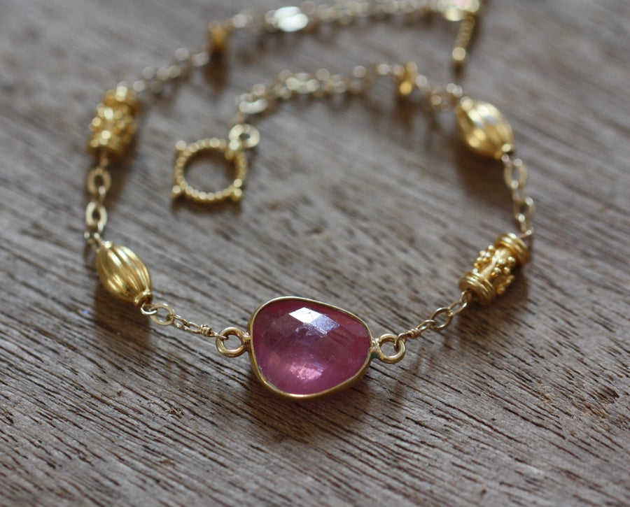 Rose Cut Hot Pink Sapphire Bracelet, 14k Gold Filled / Gold Vermeil