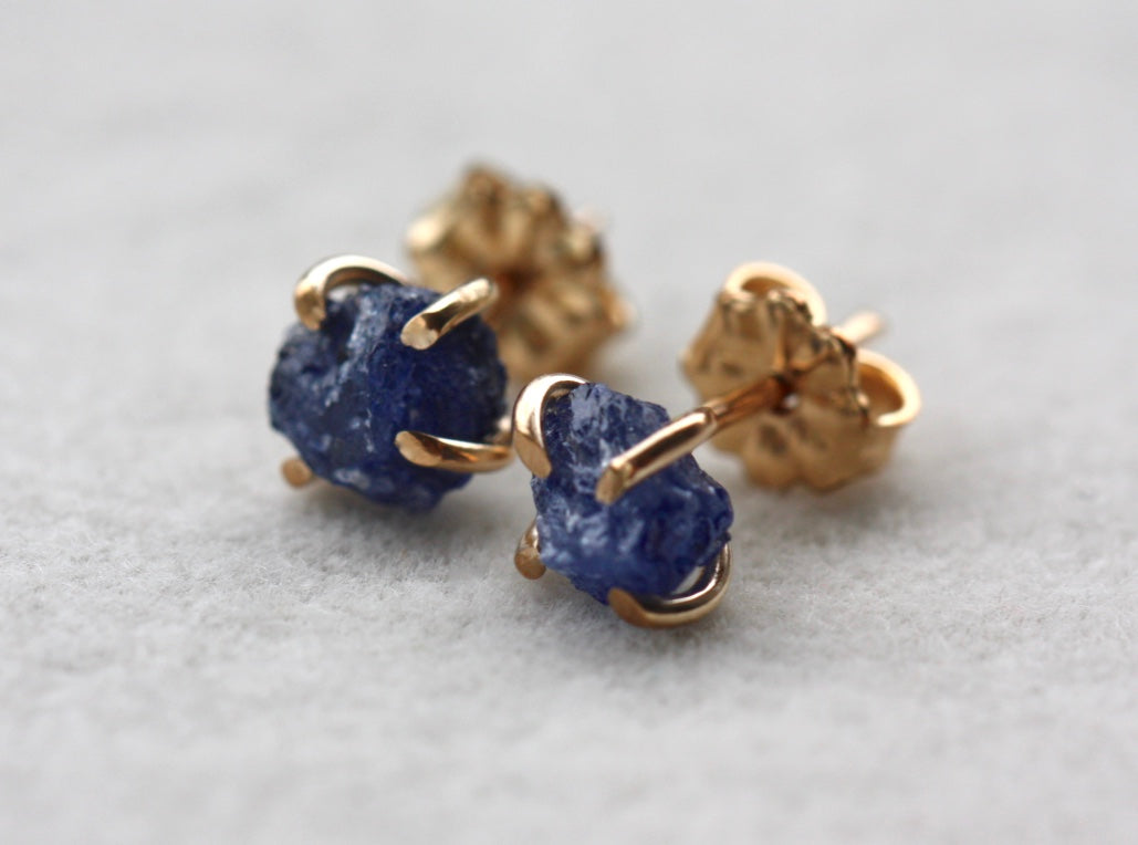 Raw Blue Sapphire Stud Earrings, 14k Gold Filled