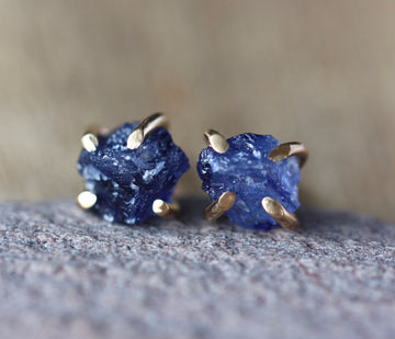 Raw Blue Sapphire Stud Earrings, 14k Gold Filled