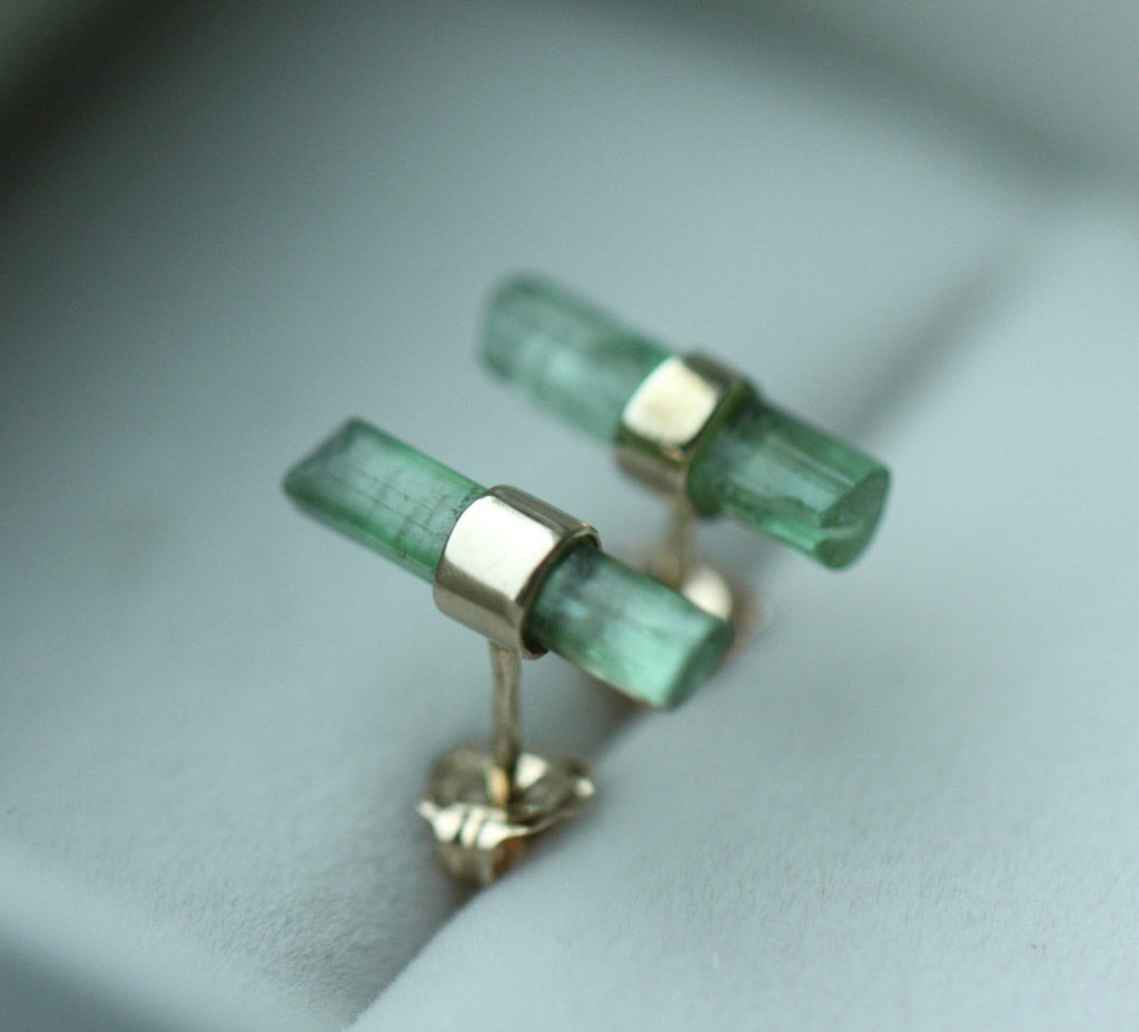 Raw Green Tourmaline Stud Earrings, October Birthstone Earrings