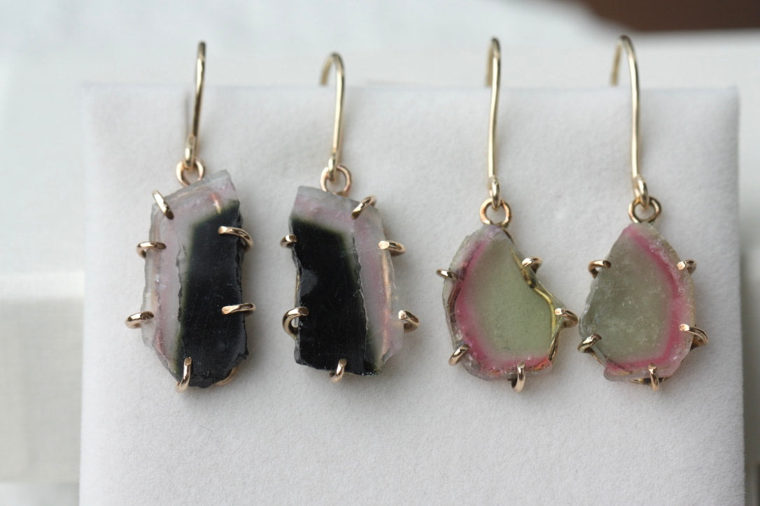 Raw Bi Color Watermelon Tourmaline Slice Earrings, October Birthstone Earrings