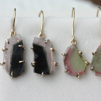 Raw Bi Color Watermelon Tourmaline Slice Earrings, October Birthstone Earrings