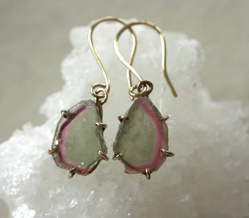 Raw Bi Color Watermelon Tourmaline Slice Earrings, October Birthstone Earrings