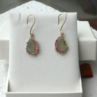 Raw Bi Color Watermelon Tourmaline Slice Earrings, October Birthstone Earrings