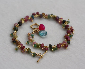 Multicolored Tourmaline, Apatite and Chalcedony Wire Wrapped Rosary Bracelet, 22k Gold Vermeil