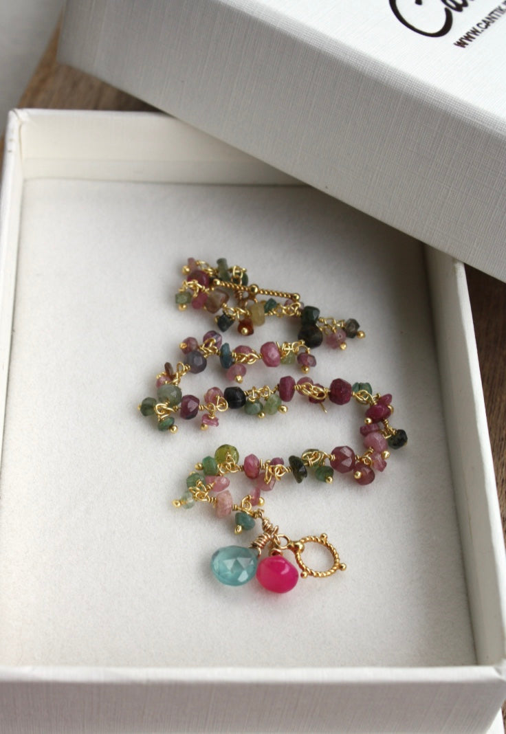 Multicolored Tourmaline, Apatite and Chalcedony Wire Wrapped Rosary Bracelet, 22k Gold Vermeil