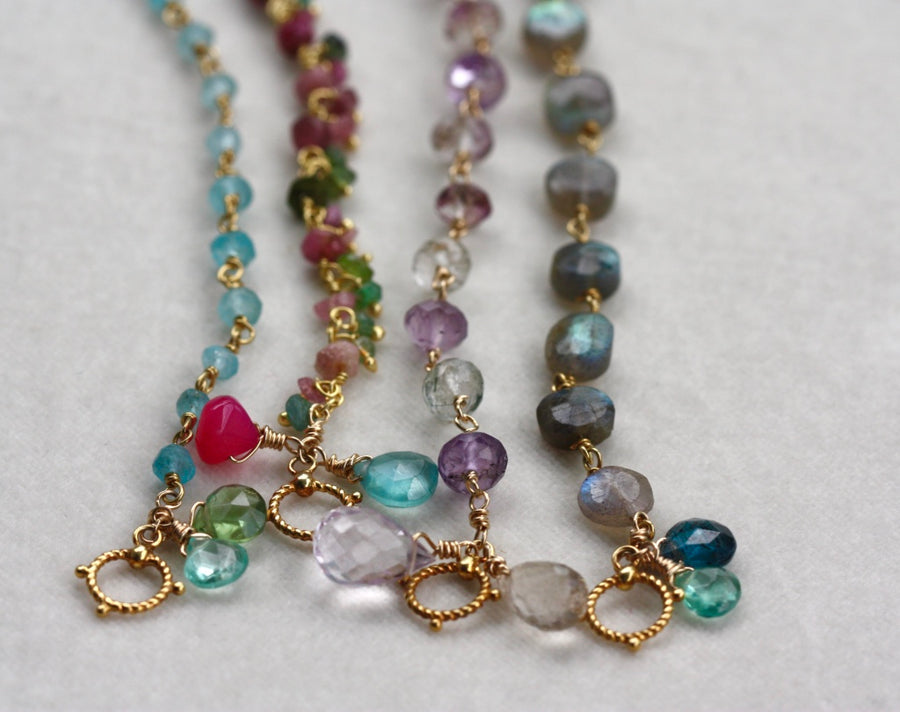 Multicolored Tourmaline, Apatite and Chalcedony Wire Wrapped Rosary Bracelet, 22k Gold Vermeil