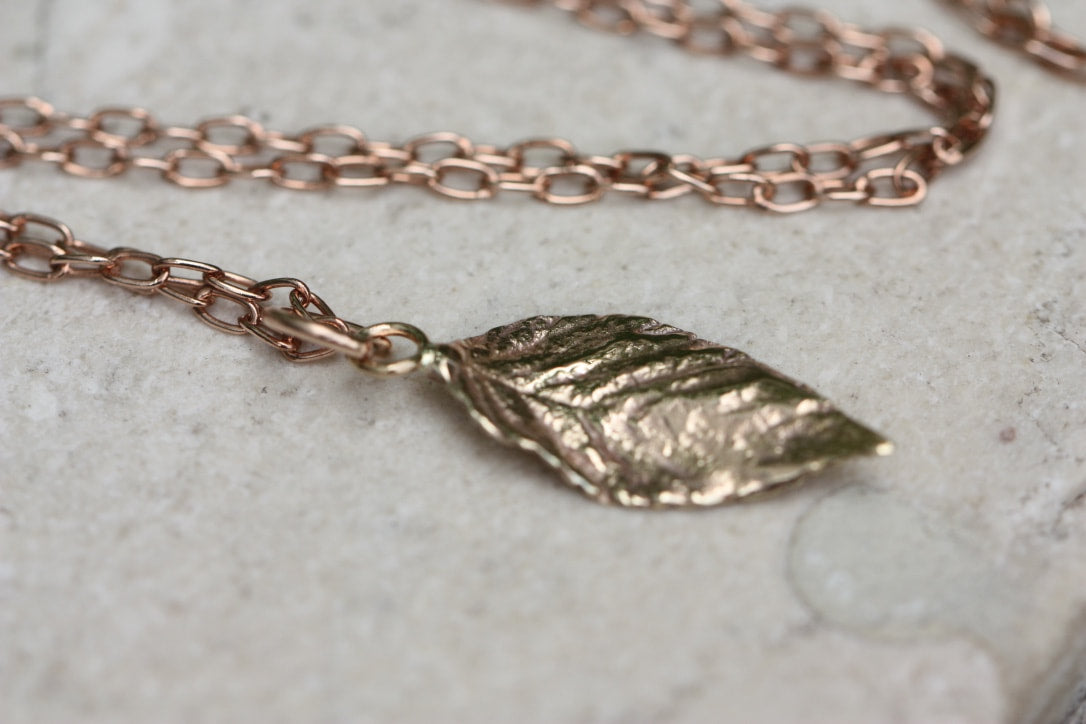 Natural Wild Raspberry Leaf Rose Gold Pendant Necklace