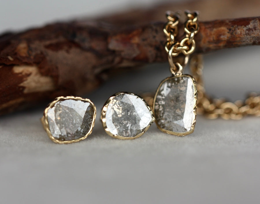 Diamond Slice Pendant, Salt and Pepper Diamond Pendant, 18k Gold