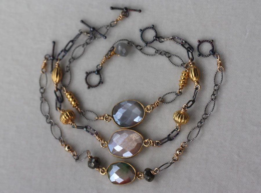 Pink/Beige Mystic Moonstone and Mixed Metals Chain Bracelet