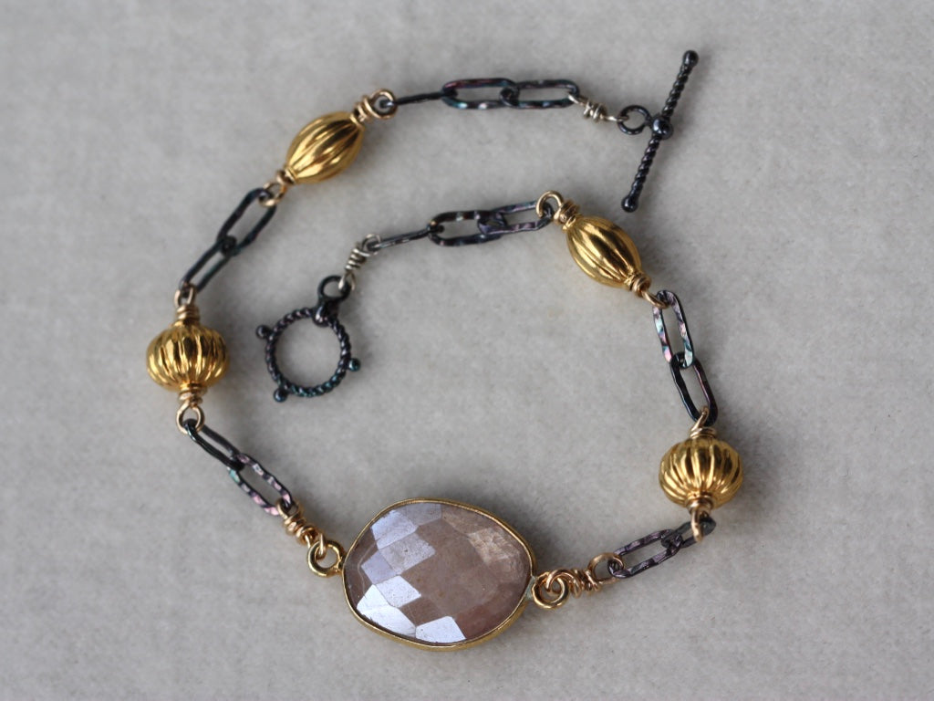 Pink/Beige Mystic Moonstone and Mixed Metals Chain Bracelet