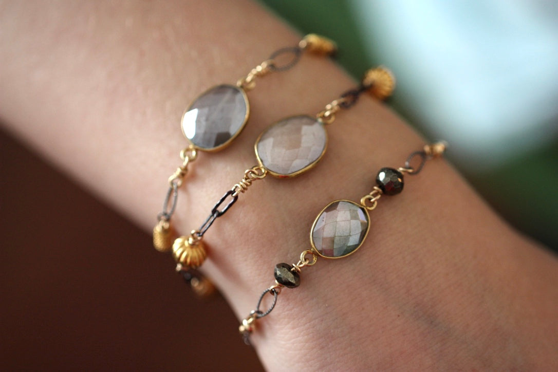 Grey Mystic Moonstone and Mixed Metals Chain Bracelet