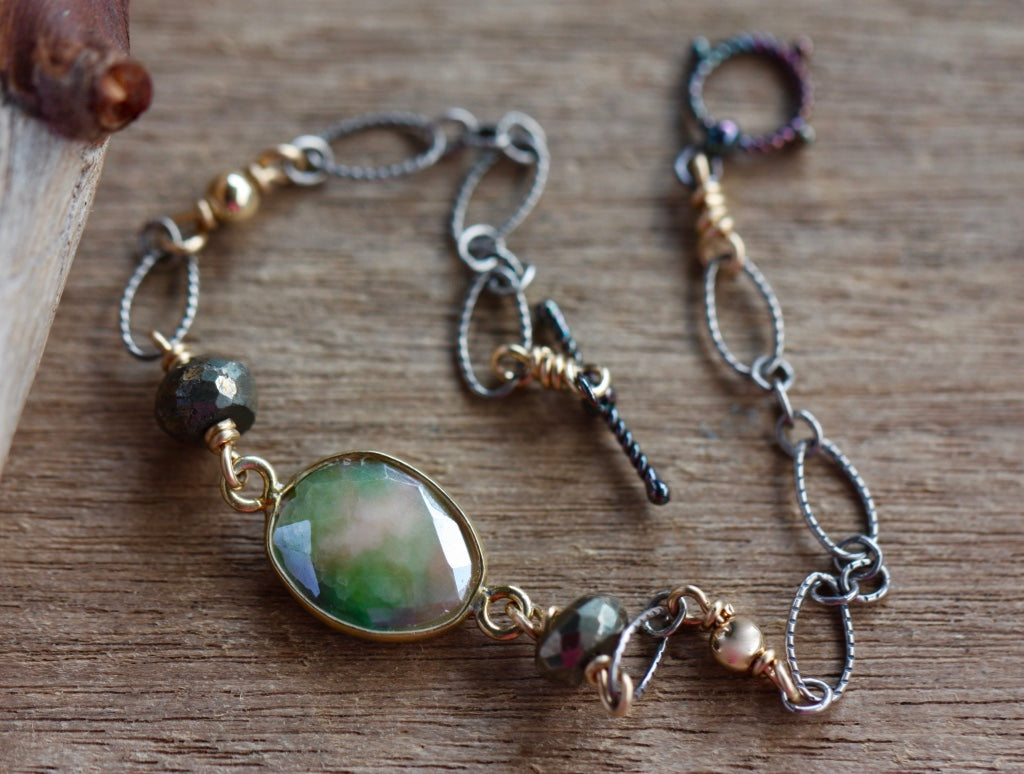 Pink/Green Mystic Moonstone, Pyrite and Mixed Metals Chain Bracelet