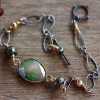 Pink/Green Mystic Moonstone, Pyrite and Mixed Metals Chain Bracelet