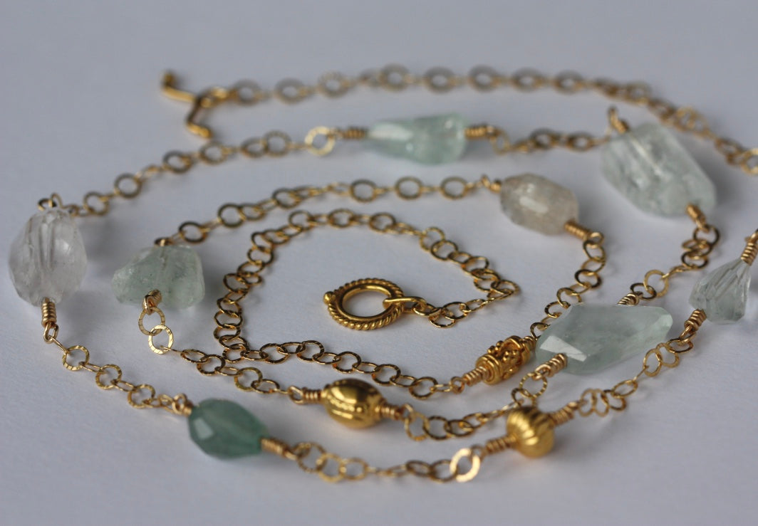 Aquamarine Long Chain Necklace, 14k Gold Filled/22k Gold Vermeil