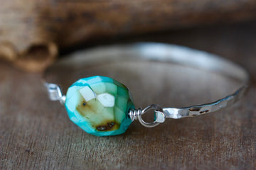 Tibetan Turquoise and Hammered Sterling Silver Bangle Bracelet