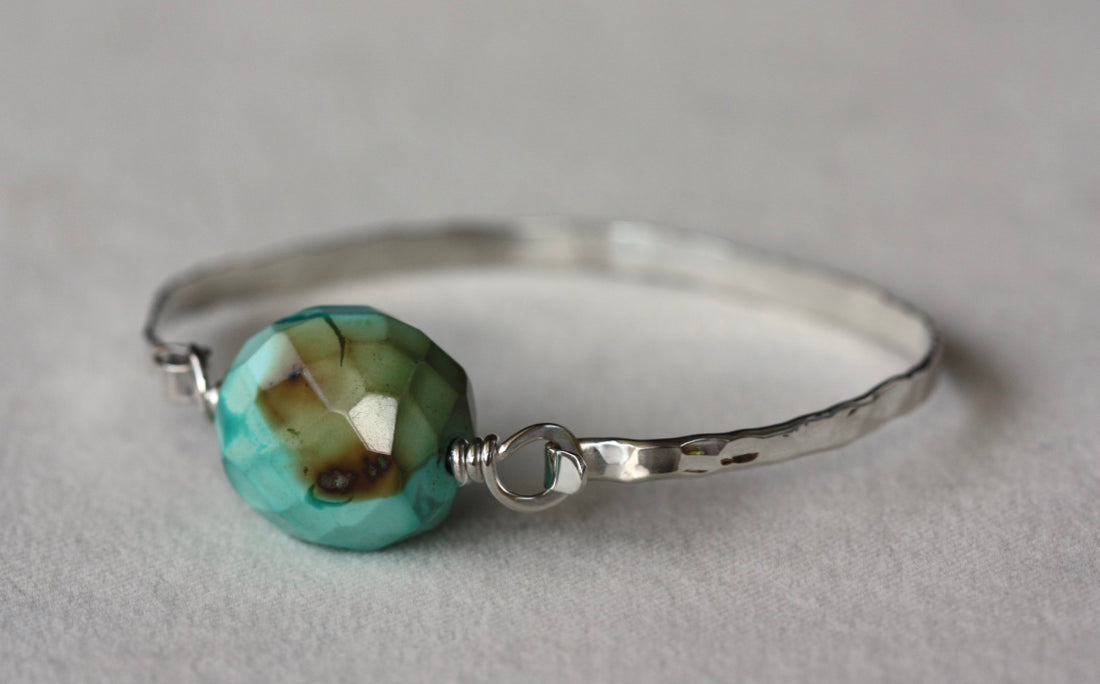 Tibetan Turquoise and Hammered Sterling Silver Bangle Bracelet