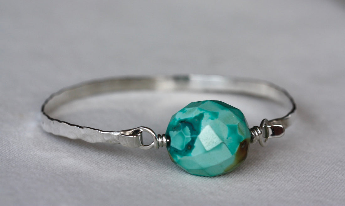 Tibetan Turquoise and Hammered Sterling Silver Bangle Bracelet