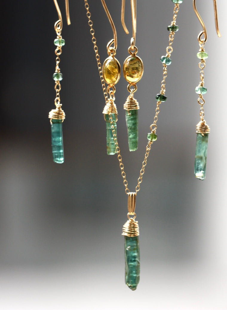 Long Indicolite Blue Green Tourmaline Earrings, 14k Gold Filled