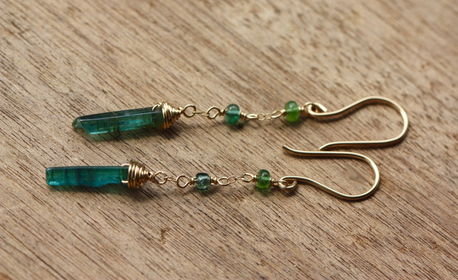 Long Indicolite Blue Green Tourmaline Earrings, 14k Gold Filled