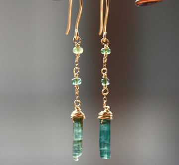 Long Indicolite Blue Green Tourmaline Earrings, 14k Gold Filled