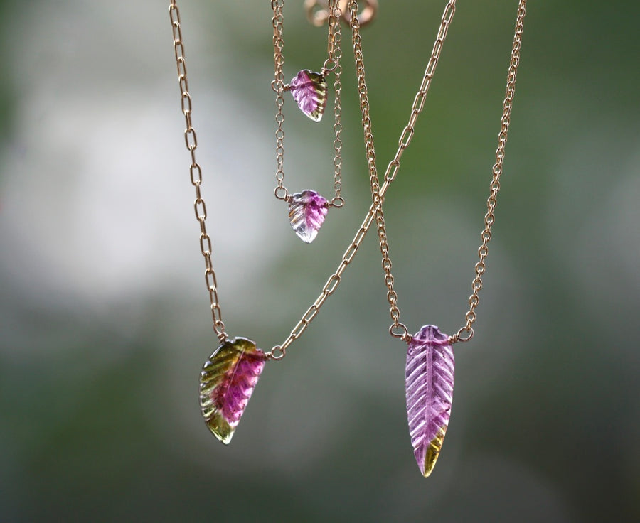 Carved Watermelon Bi-Color Tourmaline Leaf Necklace, October Birthstone Necklace