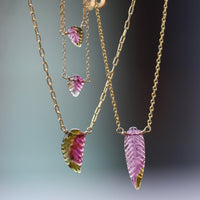 Carved Watermelon Bi-Color Tourmaline Leaf Necklace, October Birthstone Necklace