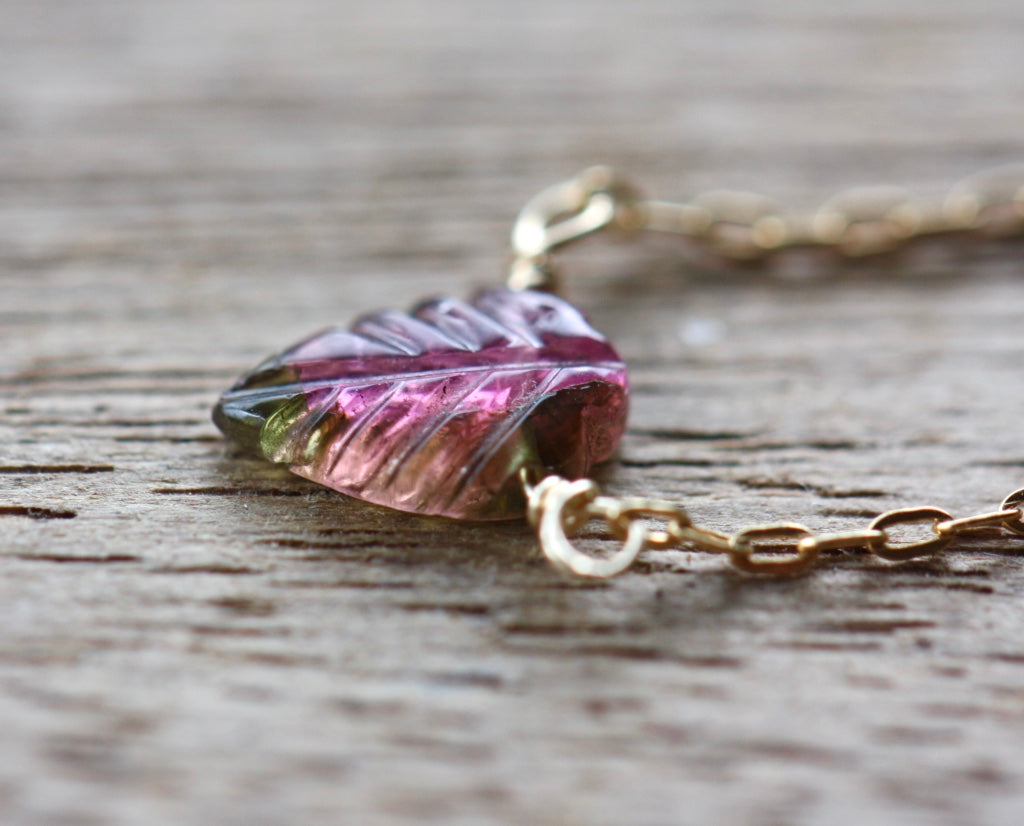 Carved Watermelon Bi-Color Tourmaline Leaf Necklace, October Birthstone Necklace