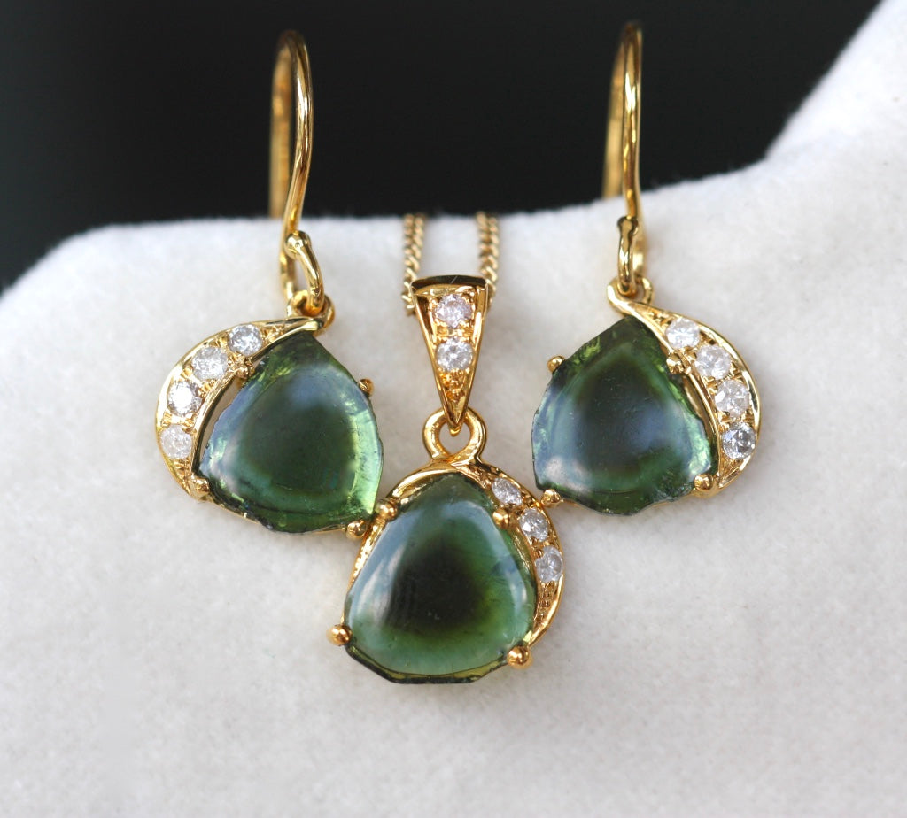 Featured in TATLER UK, Green Bi-Color Tourmaline Slice and Diamond Earrings, 18k Gold