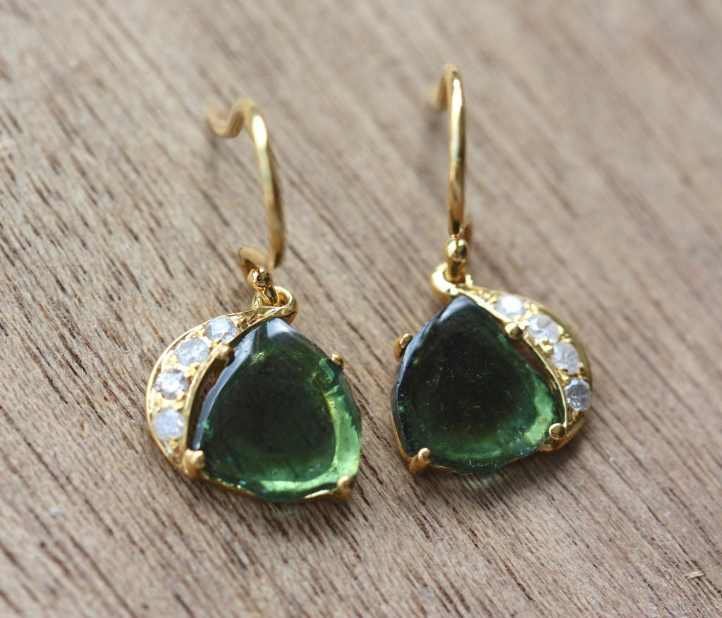 Featured in TATLER UK, Green Bi-Color Tourmaline Slice and Diamond Earrings, 18k Gold