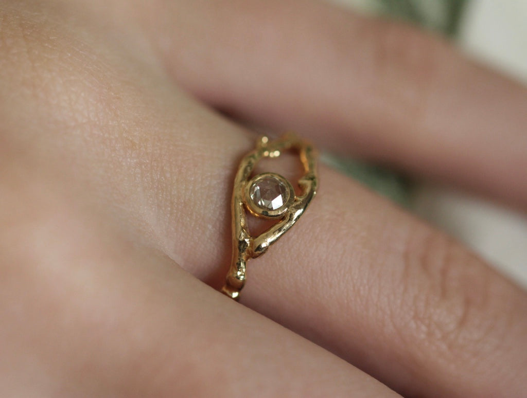 Rose Cut Diamond Natural Twig Ring, 18k Gold