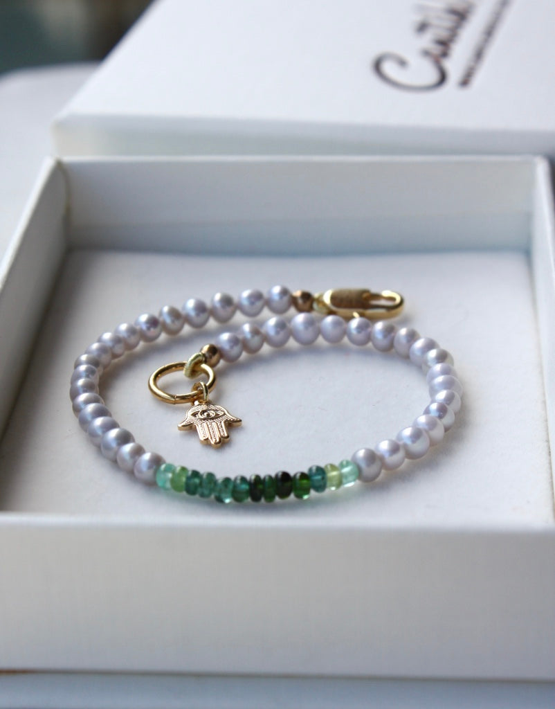 Green Tourmaline and Freshwater Pearl Bracelet, 14k Gold Filled