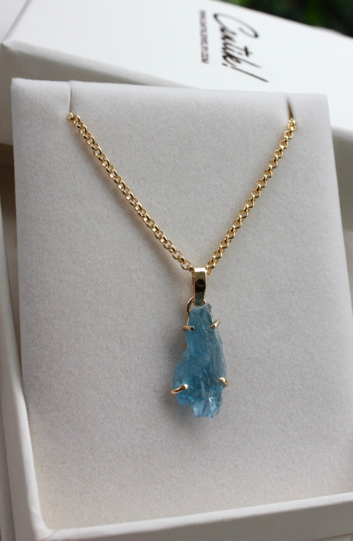 Raw, Unpolished Brazilian Blue Santa Maria Aquamarine and 14k Gold Pendant, 14k Gold Filled Rolo Chain