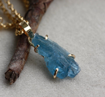 Raw, Unpolished Brazilian Blue Santa Maria Aquamarine and 14k Gold Pendant, 14k Gold Filled Rolo Chain