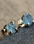 Raw, Unpolished Brazilian Blue Santa Maria Aquamarine Stud Earrings, 14k Gold